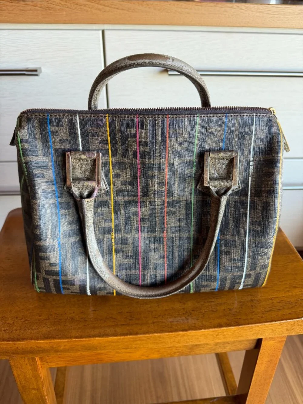 Authentic Fendi Zucca Striped Boston Bag
